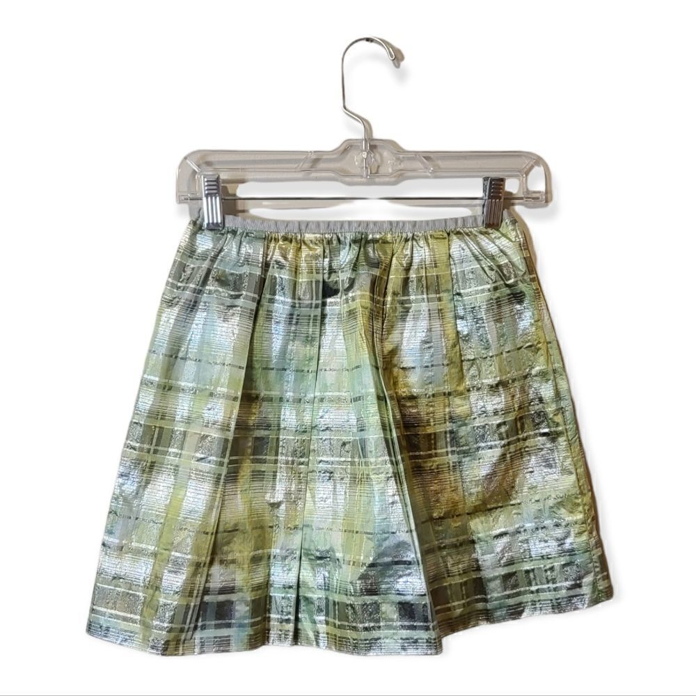 J. Crew Green Silver Metallic Plaid Full Mini Skirt Size 00